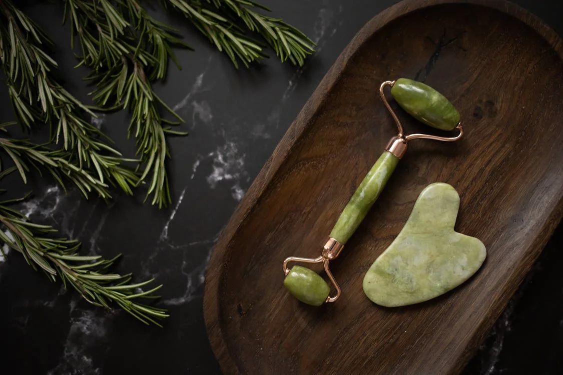 Green Gua Sha tool and jade roller!